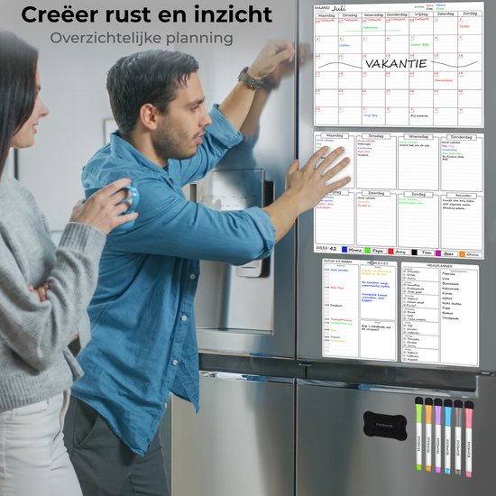 Systemyze - Planificateur mensuel et hebdomadaire - Tableau blanc magnétique - Planificateur mensuel magnétique - Comprend un agenda, un planificateur de repas, des marqueurs et une gomme - Format A3