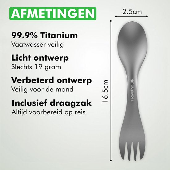 Travelhawk Spork - Couverts de camping en titane - Fourchette et cuillère en un - Couverts pour les déplacements et les voyages - Léger - 2 pièces - Sac de transport inclus