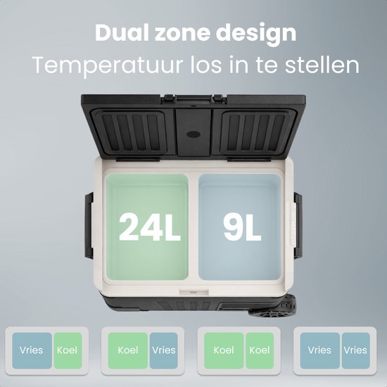 Auronic Electric Cool Box - Compresseur - 2 Zones - 33L - 12/24V et 240V - Réfrigération et congélation - Réfrigérateur de camping - Frigobox Auto - Avec roues et poignée - Noir