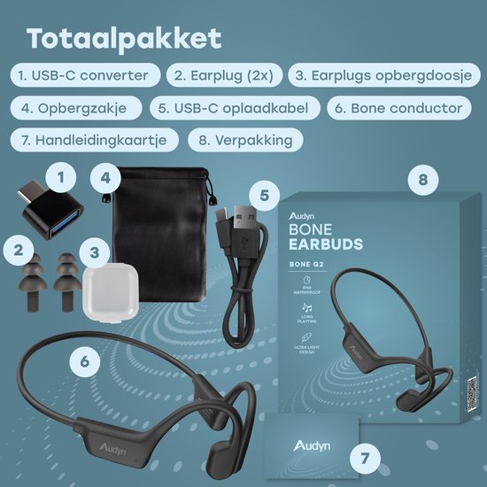 Audyn Bone G2 - Ecouteurs de sport - Ecouteurs à conduction osseuse - Bluetooth - Ecouteurs ouverts - Sans fil - Etanches - 8GB MP3