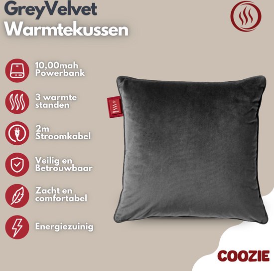 Coozie Heat Pillow Grey Velvet - Rechargeable électriquement - Oreiller chauffant sans fil - 45 x 45 cm