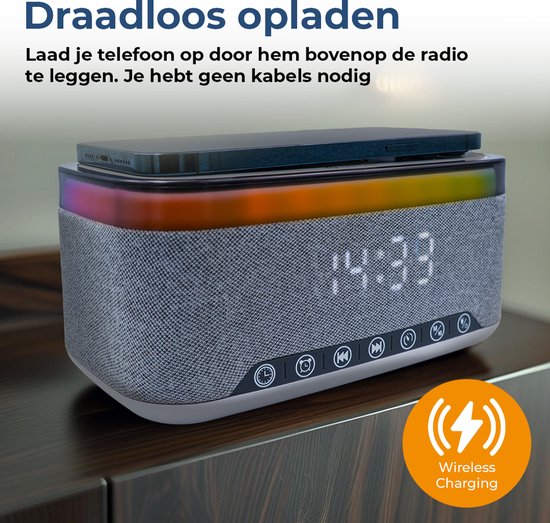 Réveil Denver avec chargeur sans fil - Machine à bruit blanc - Réveil numérique - Bluetooth - Radio FM - Double alarme - Variateur - CRQ225