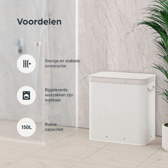 Organess panier à linge 3 compartiments - Trieur de linge - Panier à linge avec couvercle - Pliable - 150L - Bambou blanc