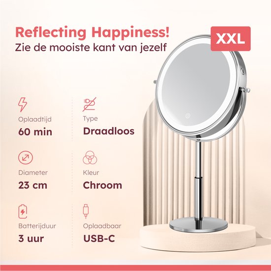 Fraay® XL Miroir de maquillage avec éclairage LED - grossissement 10x - Miroir grossissant avec lumière - rechargeable - Miroir de rasage - Miroir de salle de bain - Chrome