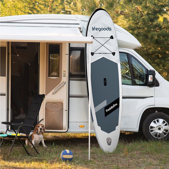 LifeGoods SUP Board All-round Compact - Capacité de charge 100 KG - 300 x 76 cm - Gonflable - Pack SUP complet - Blanc/Noir