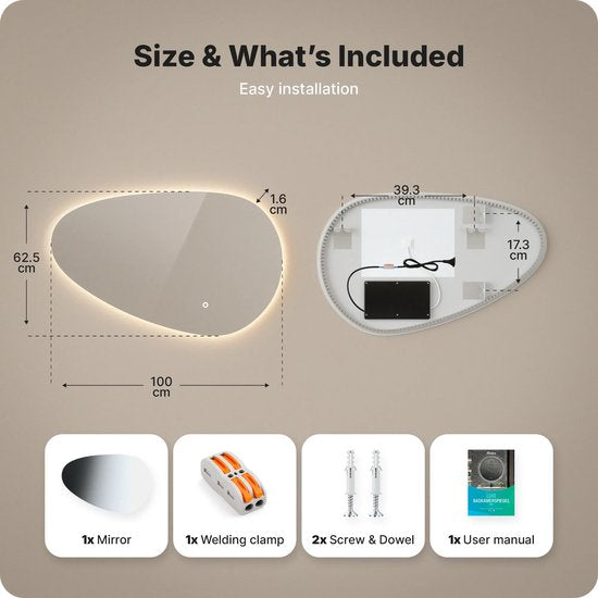 Mirlux Miroir de salle de bain avec éclairage LED et chauffage - Miroir mural asymétrique - Miroir de douche anti-condensation - 100x62.5CM