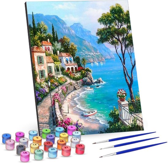 Rubye® Painting By Number Adults - Spanish Coast - With Brushes - Canvas Painting Canvas - Colours by Number - 40x50cm