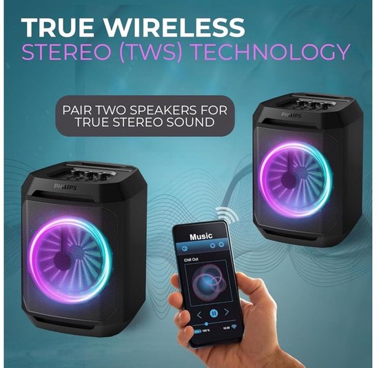 Philips Bluetooth Party Speaker TAX2208 - Karaoké - Lumières de fête - DBB Bass Boost - Jusqu'à 7 heures d'autonomie - Noir