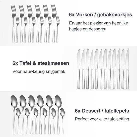 Deleca 6 Person Cutlery Set Essential (36 pieces) - Spoons, Knives, Forks, Steak Knives & Pastry Forks - Coutellerie lavable au lave-vaisselle - Shiny Silver / Stainless Steel