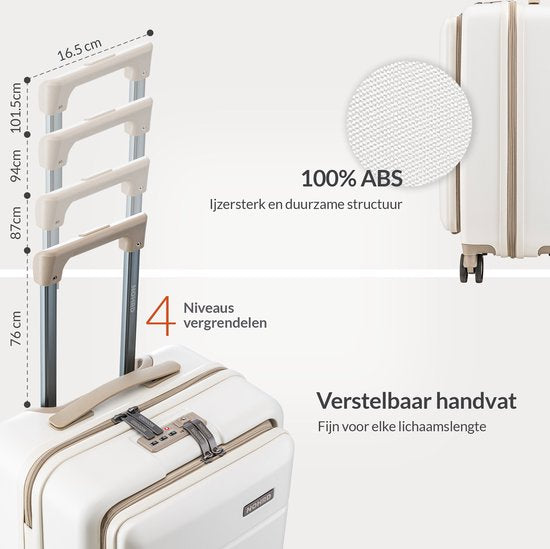 Nohrd Hand Luggage Suitcase 35 L - Spinner Wheels - Trolley Lightweight - Double TSA Lock - Travel Suitcase - Handy Front Pocket - Ivory