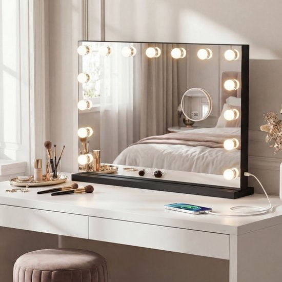 Bayt Hollywood Mirror with Lighting - Miroir de maquillage avec éclairage - Miroir avec éclairage - Dimmable - Grossissement 10x - 58x46cm - Noir
