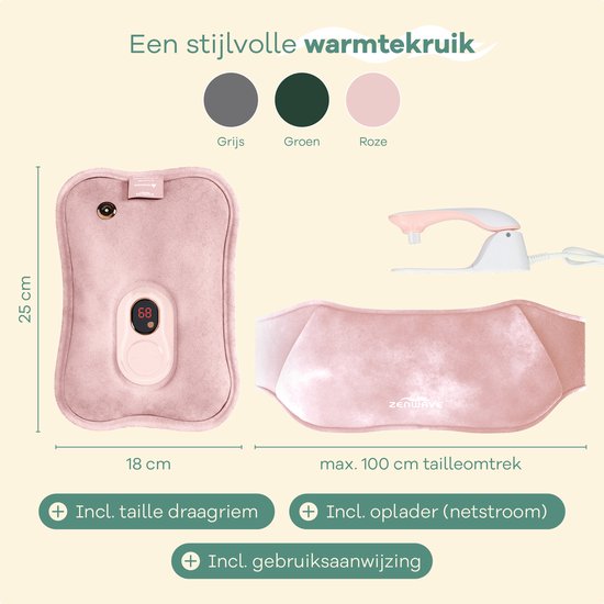 Pichet électrique Zenwave avec manchon - Affichage numérique - Pichet d'eau chaude et pichet d'eau avec chauffe-mains - Coussin chauffant rechargeable - Bande chauffante menstruelle - Durable et sans fil - Camping et extérieur - Pichet d'eau chaude rose -