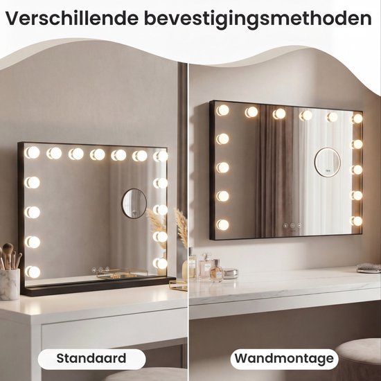 Bayt Hollywood Mirror with Lighting - Miroir de maquillage avec éclairage - Miroir avec éclairage - Dimmable - Grossissement 10x - 58x46cm - Noir