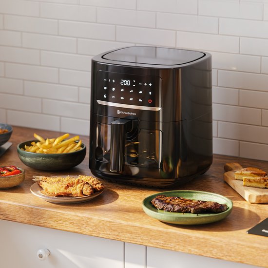 KitchenBrothers Airfryer XL - 6L - 1600W - Friteuse à air chaud - 50ºC à 200ºC - 10 programmes de cuisson - Noir