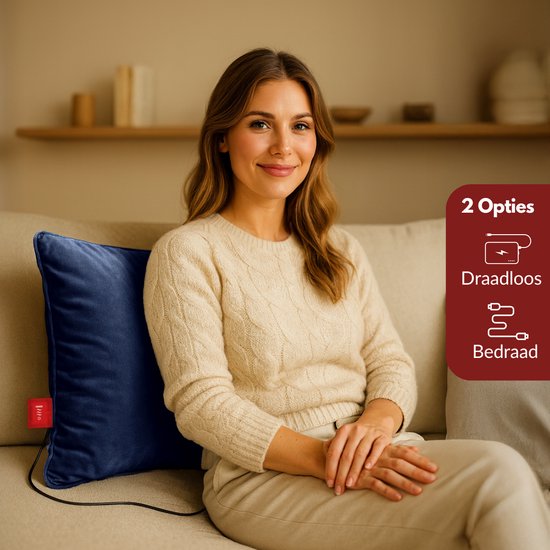 Coozie Rechargeable Heat Pillow - Sans fil et filaire - 45-65°C - Velours - 45 x 45 cm - Bleu foncé - Oreiller électrique - Powerbank incluse - Jusqu'à 8 heures de chaleur