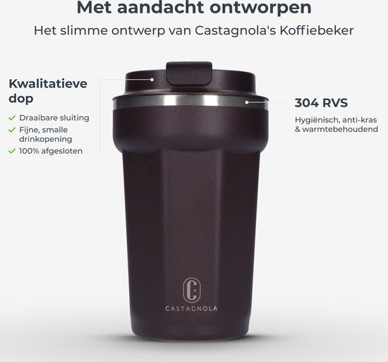 Castagnola Thermos Cup - Coffee Mug To Go - Travel Mug for Coffee and Tea - Tea Mug - 380 ML - Stainless Steel - Brown - Octagon