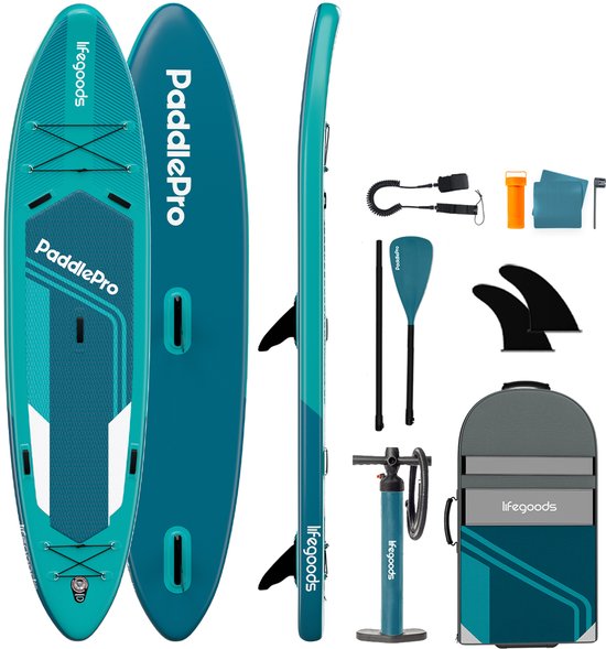 Paddle Tandem LifeGoods - 2 personnes - 220 KG de capacité de charge - 381 x 86 cm - Gonflable - Pack Sup complet - Bleu