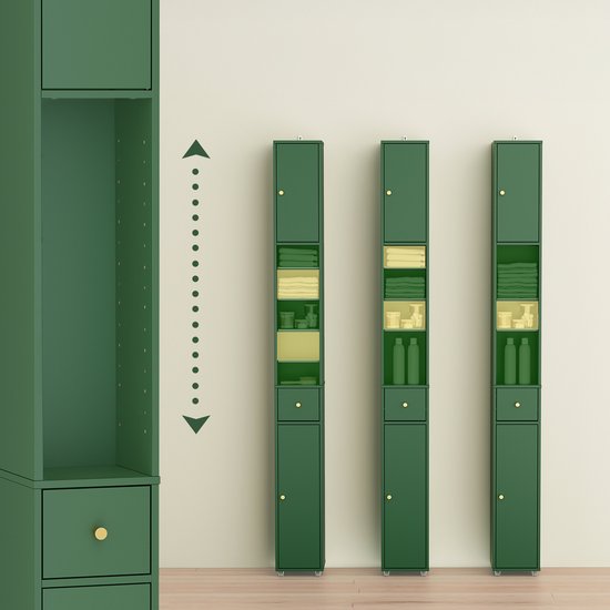 SoBuy BZR34-II-SY Meuble de salle de bain haut - Meuble de rangement étroit avec tiroir et étagères réglables - Meuble colonne salle de bain - Vert foncé, 20x20x180cm