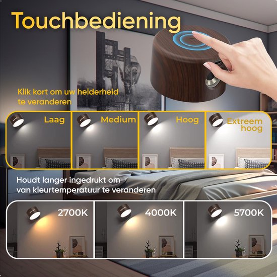 KRAFT Lampe murale rechargeable - Appliques murales d'intérieur - Couleur chêne - 2 pièces