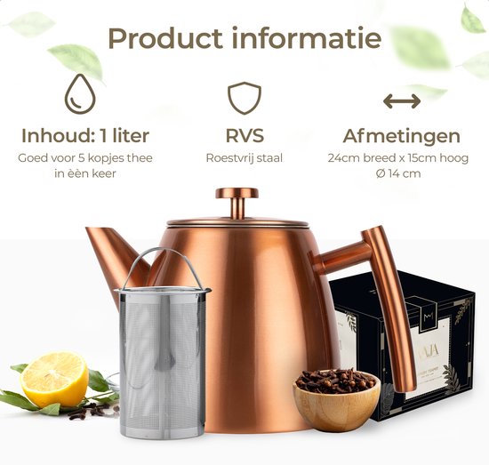 Vaja® Théière Juliette Rosé - Double paroi - 1 litre - Théière en acier inoxydable avec filtre et porte-bouillon