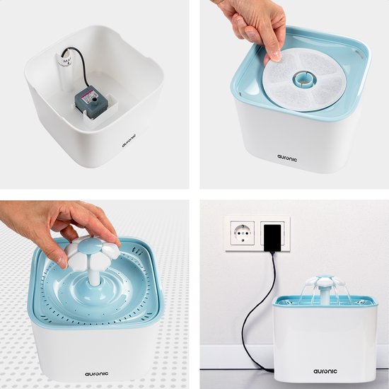Abreuvoir Auronic - Fontaine à eau pour chien et chat - 2L - Abreuvoir pour animaux - 4 filtres inclus - Blanc