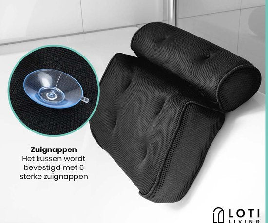 Loti Living Oreiller de bain - Oreiller de bain - Oreiller cervical de bain - Appui-tête de bain - Oreiller de bain avec ventouses - 6 ventouses - Oreiller cervical ergonomique - Antidérapant - Noir