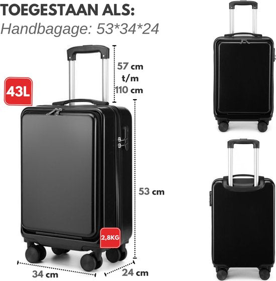 VAIVE Hand Luggage Suitcase With Front Pocket - 43L Suitcase - Lightweight Trolley - Black