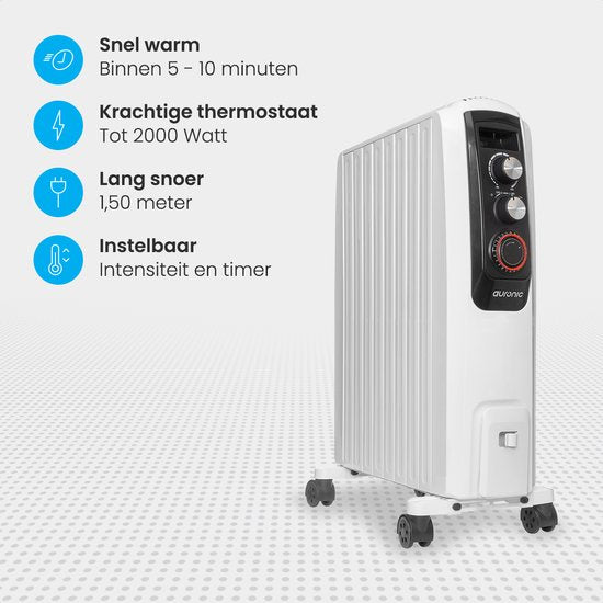Auronic Radiateur à Huile avec Thermostat - Chauffage 2000W - Chauffage électrique - Minuterie - 3 niveaux - Blanc