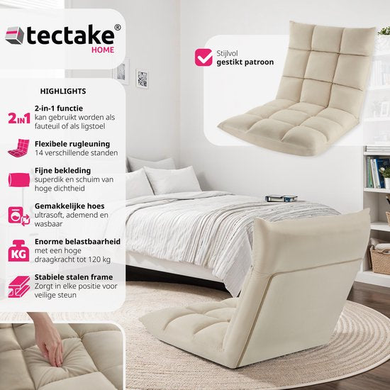 tectake® Relax chair - Recliner - Fauteuil de sol XXL - Pliable et inclinable - Fauteuil de sol avec dossier réglable - Peut être utilisé comme fauteuil, coussin de siège, coussin de sol, fauteuil de relaxation ou pour la méditation - Beige