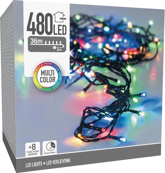 Lampe de Noël 480 LED- 36m - multicolore - Minuterie - Fonctions d'éclairage - Mémoire - Extérieur - Intérieur-IP44 plug-in