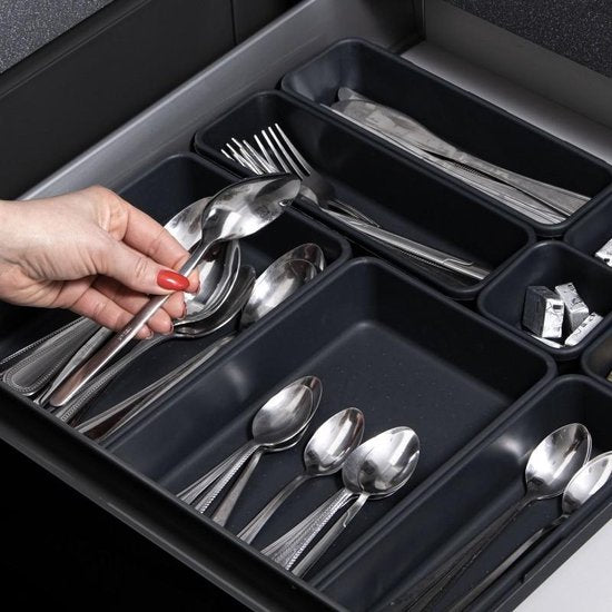 Springos Organisateur de tiroirs | Plateaux de rangement | Séparateur de tiroirs | pour la cuisine et le bureau | Salle de bain | Plateaux de tiroirs | Organisateur de maquillage | 8 pièces | Anthracite