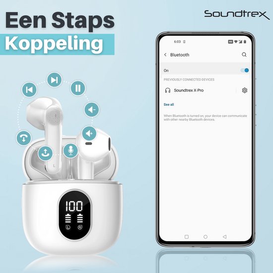 Soundtrex X-Pro Wireless Earphones - Ecouteurs Bluetooth - Earpods sans fil - Ecran LED - Bluetooth 5.3 - Blanc