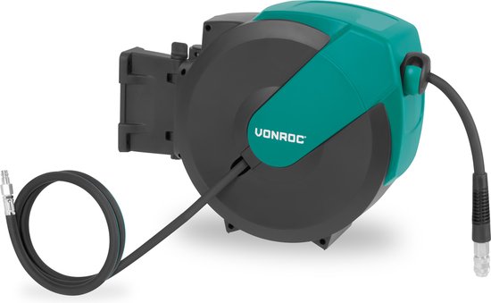 VONROC PRO Enrouleur automatique de tuyau d'air - Enrouleur d'air - Avec tuyau d'air de 15 mètres, tuyau d'alimentation de 1 mètre et kit de montage mural - 17 bar/250 PSI - Raccord universel EURO/DIN 7,2mm