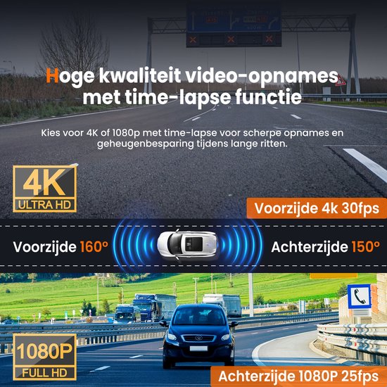 Dashcam pour voiture avant et arrière - 4K et 64GB - Double Dashcam - Capteur G et fonction Time-lapse - Noir - by Faas