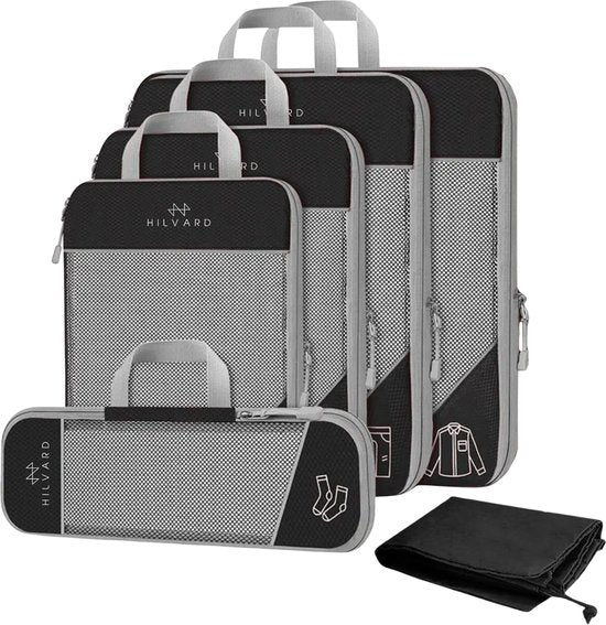 Hilvard - Packing Cubes Set - 6 pièces - Organiseurs de bagages - Organiseurs de vêtements - Cubes de voyage - Cubes de compression - Noir