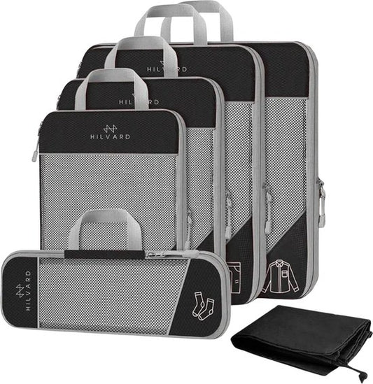 Hilvard - Packing Cubes Set - 6 pièces - Organiseurs de bagages - Organiseurs de vêtements - Cubes de voyage - Cubes de compression - Noir