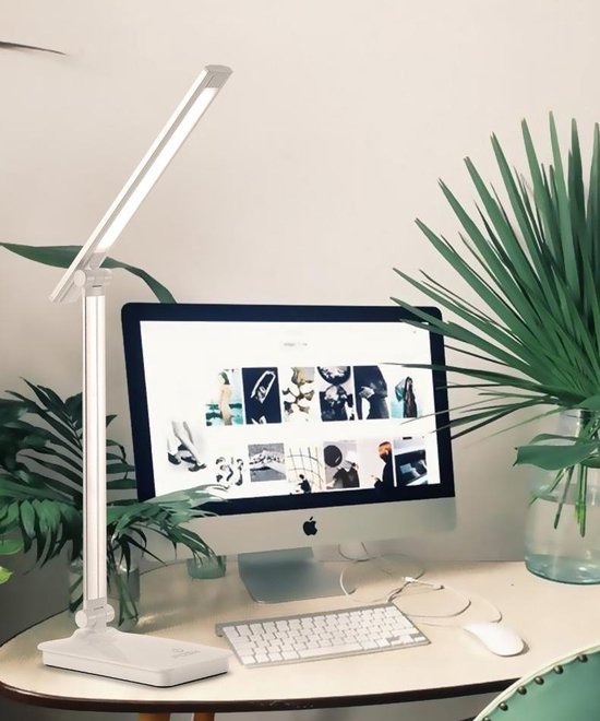 Fuegobird Lampe de bureau LED - Filaire - Chargement sans fil pour téléphone - Dimmable - Pliable - Smart Touch