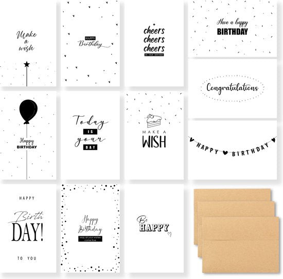 Partizzle 36x Cartes d'anniversaire avec enveloppe - Noir et blanc - Envoyer une carte d'anniversaire - Adultes - Durable - 15x10 cm / Minimaliste