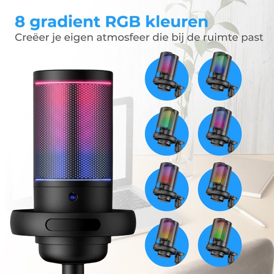Nuvance - Microphone USB avec support - pour PC et microphone de jeu - avec filtre anti-bruit - Convertisseur USB-C inclus - Microphone de streaming - RGB