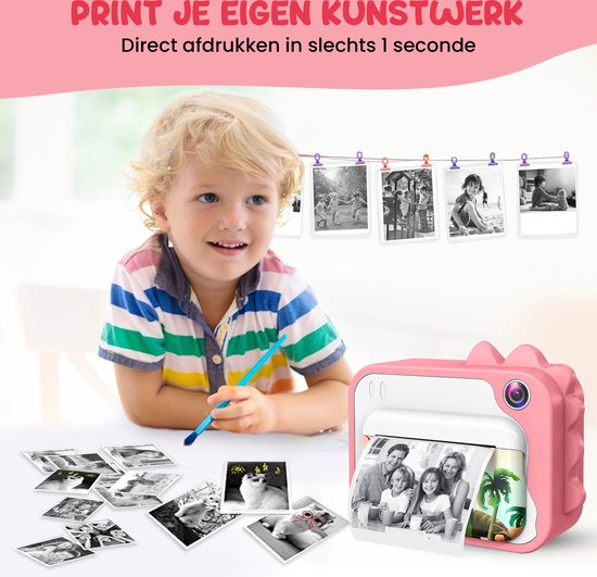 K&L® 3 IN 1 Digital Kids Camera + Instant print + play camera - 32GB micro sd card - camera kids - Vlog camera with games - Photo camera for kids - Small size toy - With video function - Pink