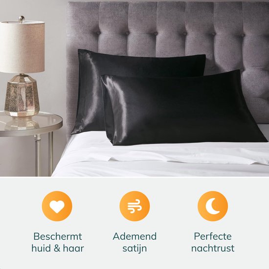 Ensemble de taies d'oreiller en satin - 50x70 - bonnet et masque de sommeil inclus - Noir - Satin - Soie - Beauté - Soie - Douce - Satin - Soie de noix