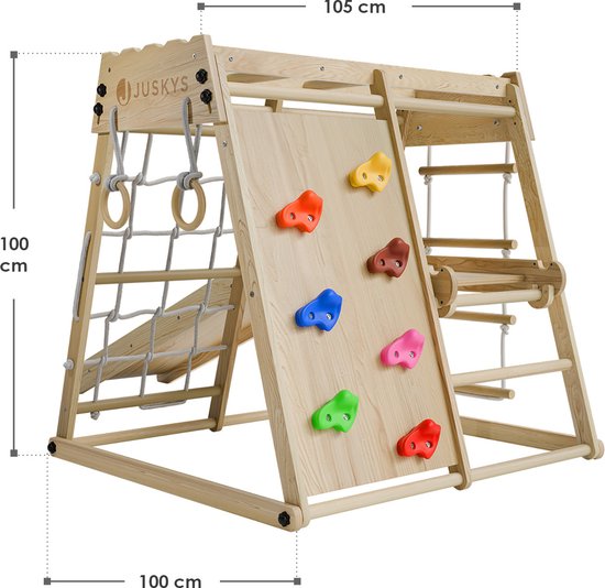 Juskys - Cadre d'escalade d'intérieur pour enfants - 102 x 98 x 100 cm & avec toboggan et mur d'escalade - équipé d'anneaux tournants et d'une échelle de corde - pliable et autoportant - bois naturel et fourré