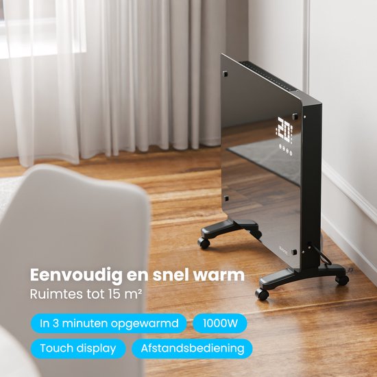 Auronic Electric Heater - Convector Heater with Thermostat and Remote Control - Glass Panel Heater - 1000W Heater - Black
