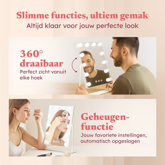 Fraay® Hollywood Mirror with Lighting 41x30cm - 3 Light Stages - Make-up Mirror with 10x Magnification Mirror - LED Lighting Dimmable - Incl. Beauty Blenders and Powder puff