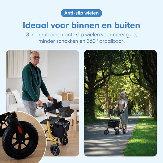 Safe Life® Rollator léger et pliable - fonction assise - intérieur et extérieur - dossier et support pour canne - Or