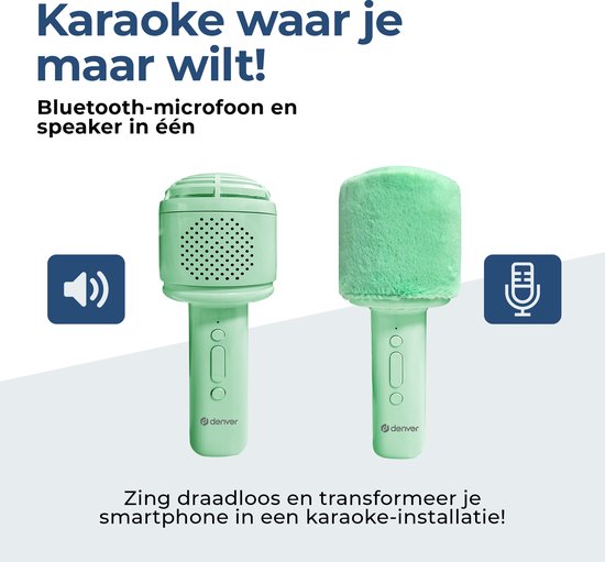 Denver Karaoke Microphone Bluetooth - Sans fil - Haut-parleur avec finition duveteuse - Ensemble Karaoké - AUX - MicroSD - KMS30GN