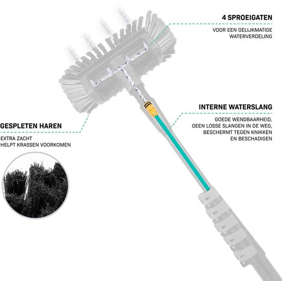 VONROC Brosse de lavage télescopique hybride - Aluminium/3K Full Carbon - 7,5 mètres - Tête de brosse à 5 niveaux, tuyau d'arrosage de 11 m et distributeur de savon inclus.