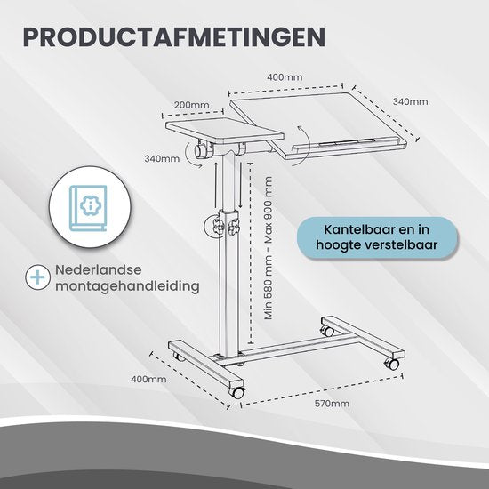 TTD® Premium Side Table on Wheels with Brake - Laptop Table Adjustable - Ergonomic Bed Table on Wheels - 23 kg Carrying Capacity - Laptop Stand - Adjustable Angle and Height - Black - Right