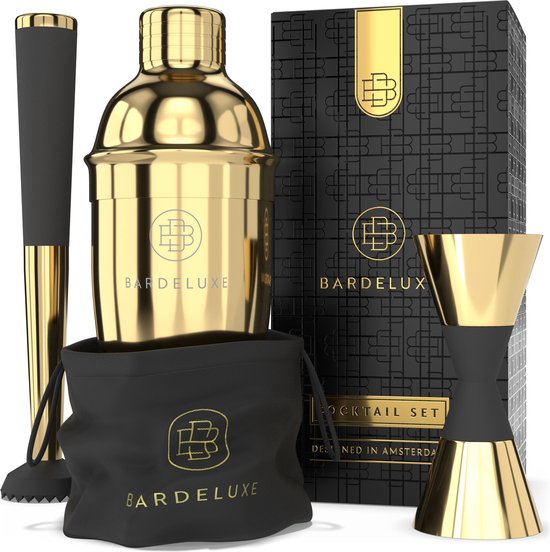 BarDeluxe® Cocktail Set - 3 pièces 750 ml Cocktail Shaker with Jigger & Stamper - Includes Dutch Recipe Book - Luxury Gift - Gold