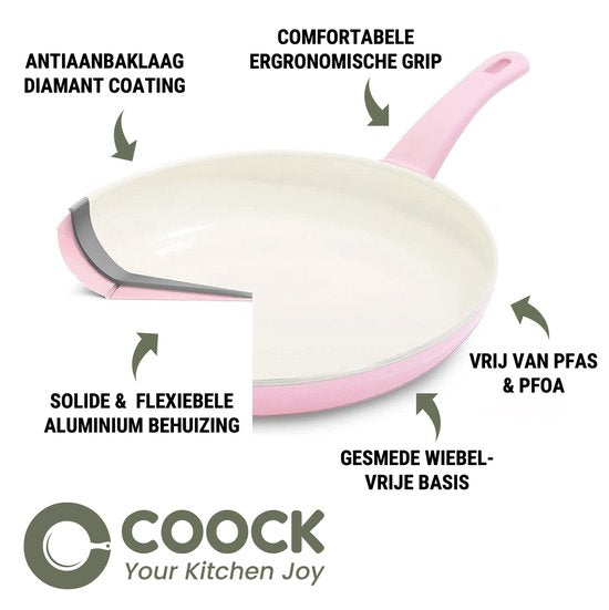 COOCK Ensemble de casseroles 19 pièces - Revêtement spécial antiadhésif - Poignées froides ergonomiques - Aluminium recyclé - Ensemble de poêles à frire - Ensemble de casseroles - Rose pâle - Sous-verres et livre électronique inclus